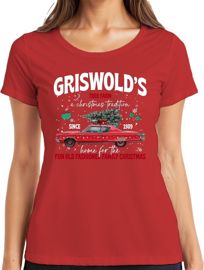 Griswold's Tree Farm a Christmas Tradition Vintage Car Damen T-Shirt, Rot, 3XL