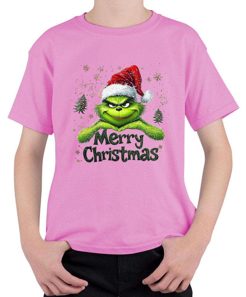 Grinch Merry Christmas Weihnachten Santa Hat Schneeflocke Geschenk Uni Kinder T-Shirt, Pink, 152