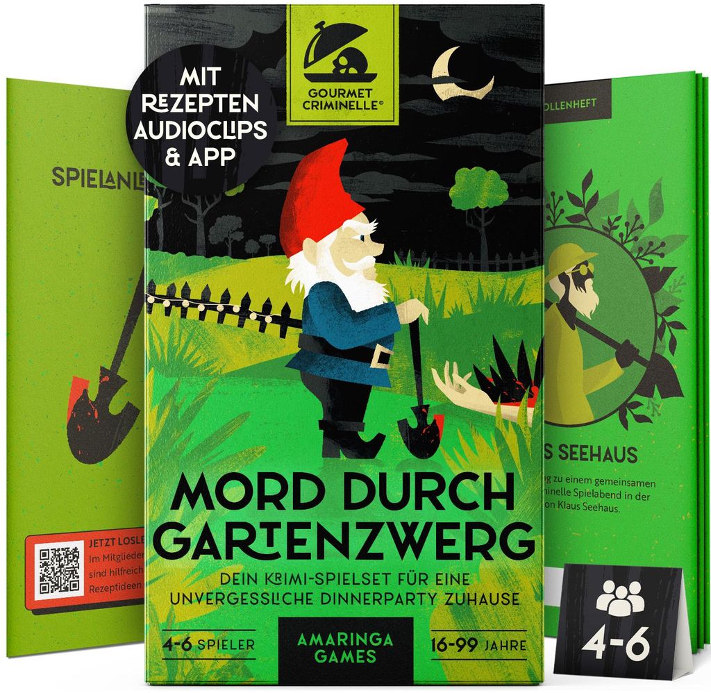Gourmet Criminelle Krimidinner für zuhause | 4 bis 6 Personen | Mord durch Gartenzwerg | Krimidinnerspiel ab 16 Jahren
