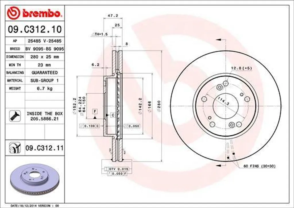 Disque de frein Brembo 09.C312.11 pour Civic IX et VIII OE 45251TV0E00
