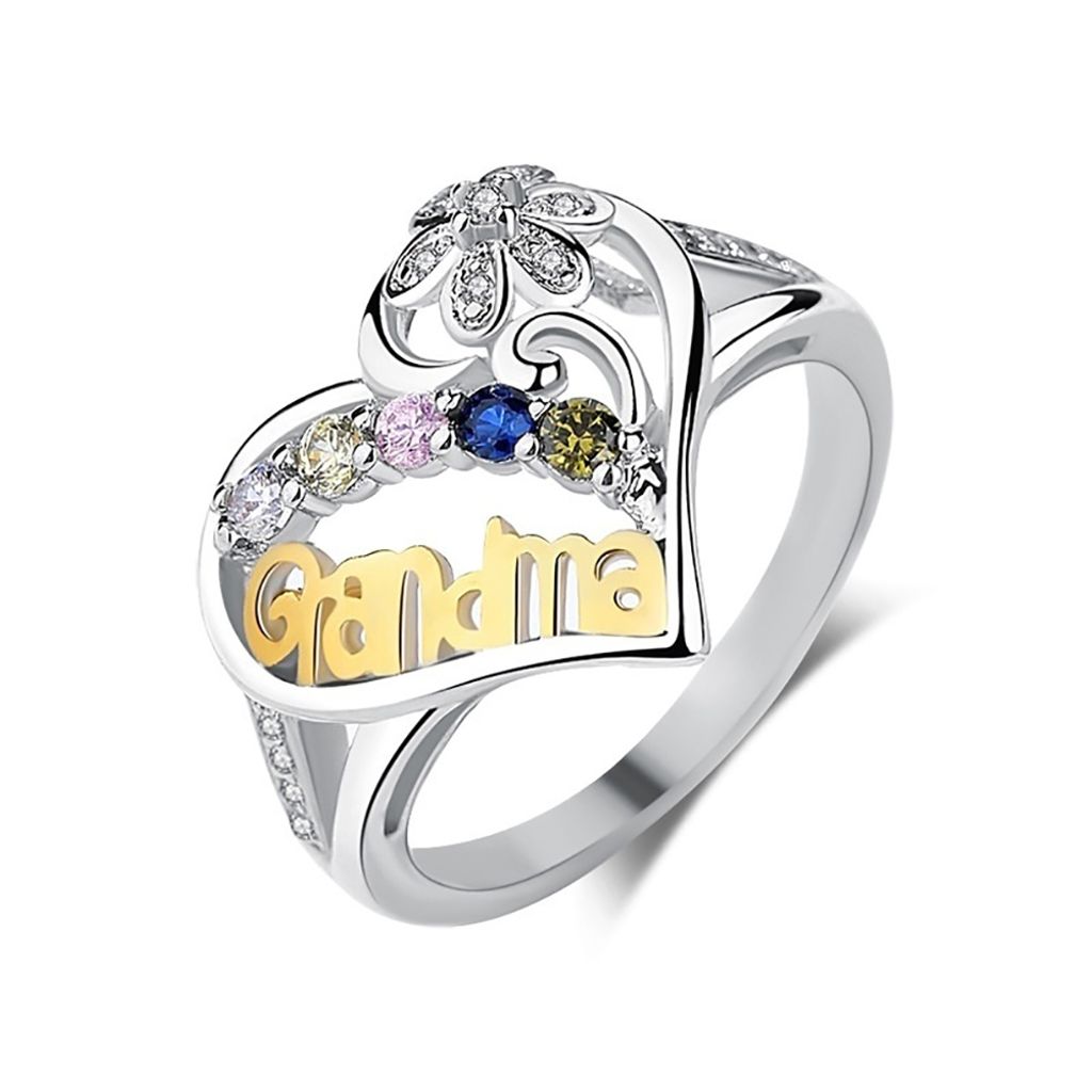 Oma-Buchstabe, hohl, Liebe, Herz, Strass, Fingerring, Schmuck, Geburtstagsgeschenk-Silber,US 7