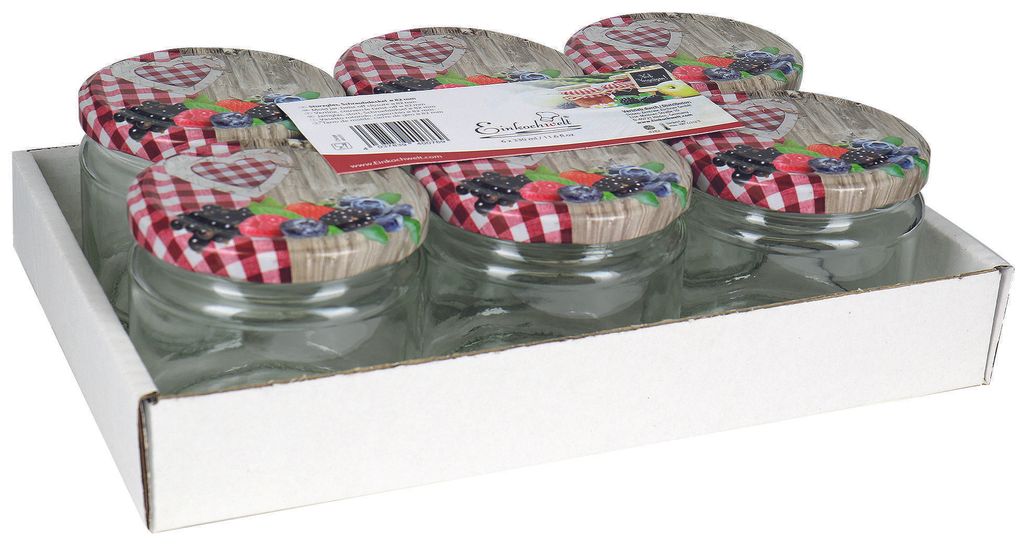EINKOCHWELT Schraubdeckelglas Sturz 330ml mit 82mm TO-Deckel Holz/Herzdekor Tray, klar (6er Pack)