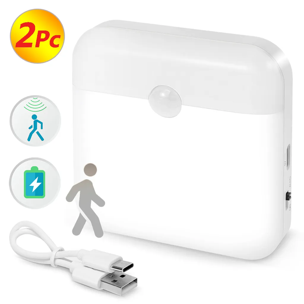 2Pc LED Luce notturna con rilevatore di movimento USB ricaricabile Luce crepuscolare bianca per scale, corridoio, armadio