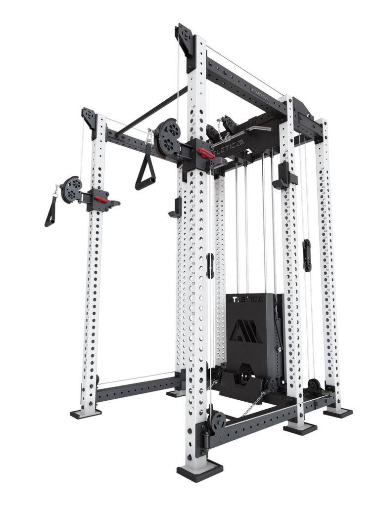 ATLETICA R8 Alpha | Power Rack | Squat Rack & Kabelzug | 180kg Steckgewichte für Cable Cross, Latzug, Rudern | Klimmzugstange, J-Hooks | Weiß