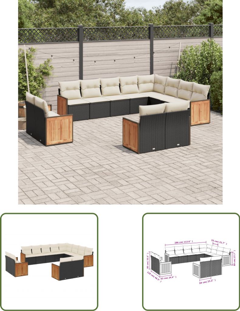 The Living Store 12-tlg. Garten-Sofagarnitur mit Kissen Schwarz Poly Rattan