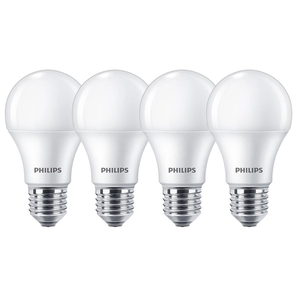 Four Philips LED light bulbs are arranged in a row against a white background.