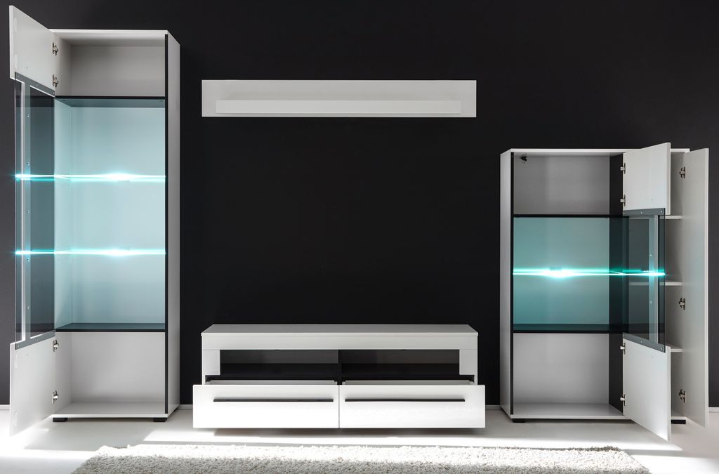 Wohnwand "Design-D" in weiß Hochglanz Schrankwand 4-teilig 350 x 200 cm