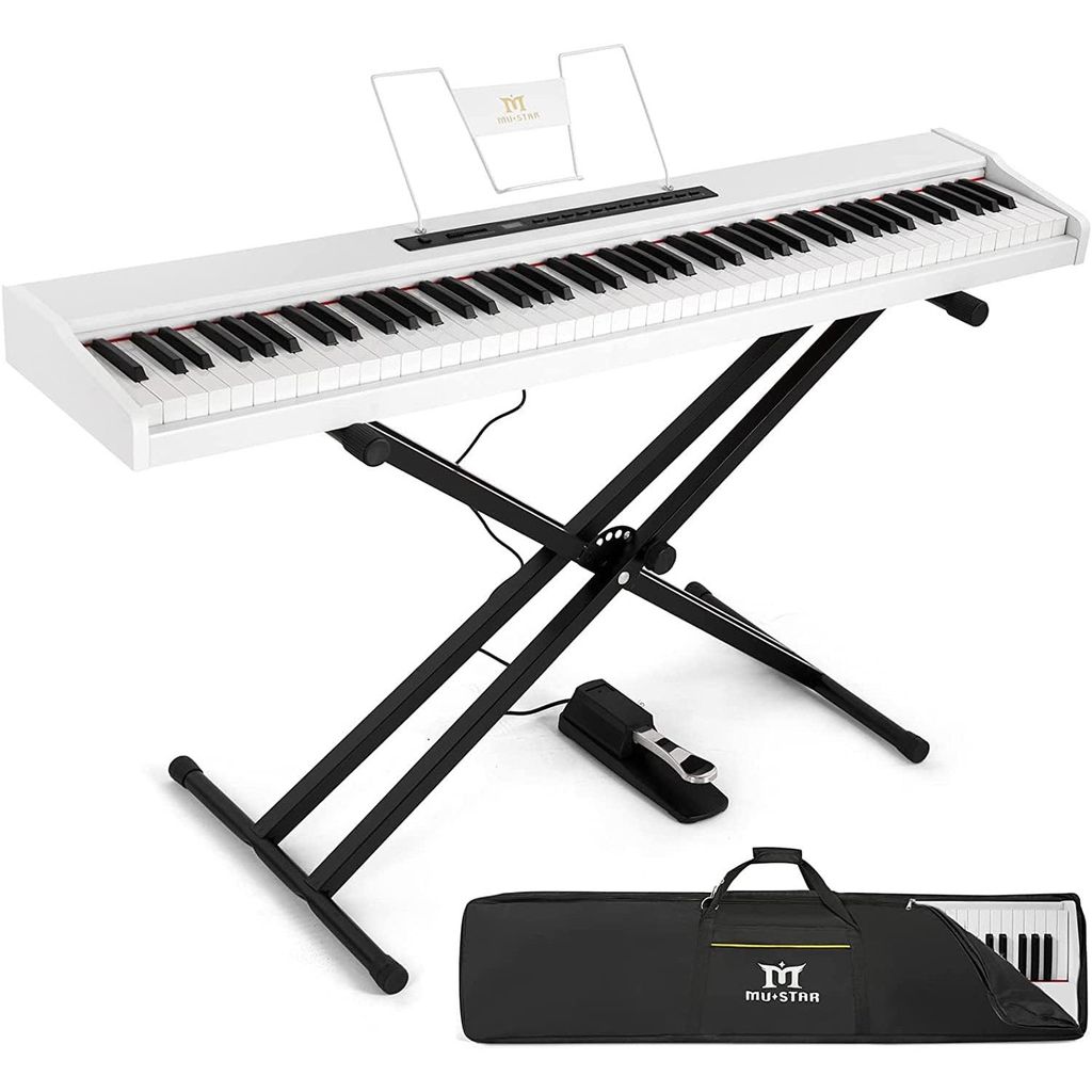MUSTAR Digitalpiano 88 Tasten Set: Bluetooth, USB/MIDI, 2x24W Lautsprecher, LCD, Ständer, Tasche, Pedal, 128 Sounds, 128 Rhythmen, 64 Polyphonie