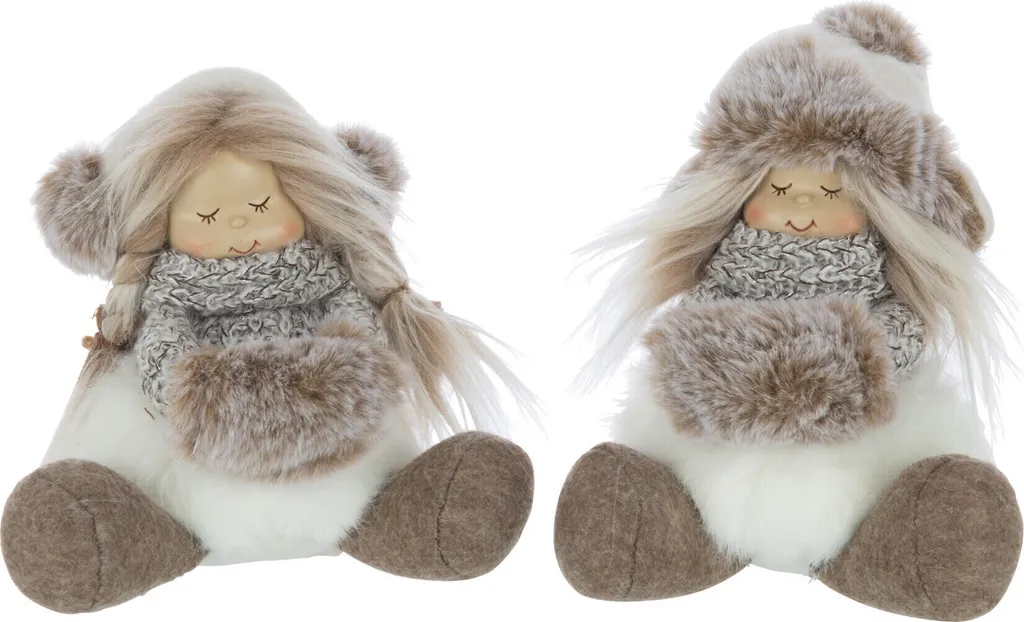 Figurines Hivernales Filles Assises Fourrure Douce Blanc Brun J-Line