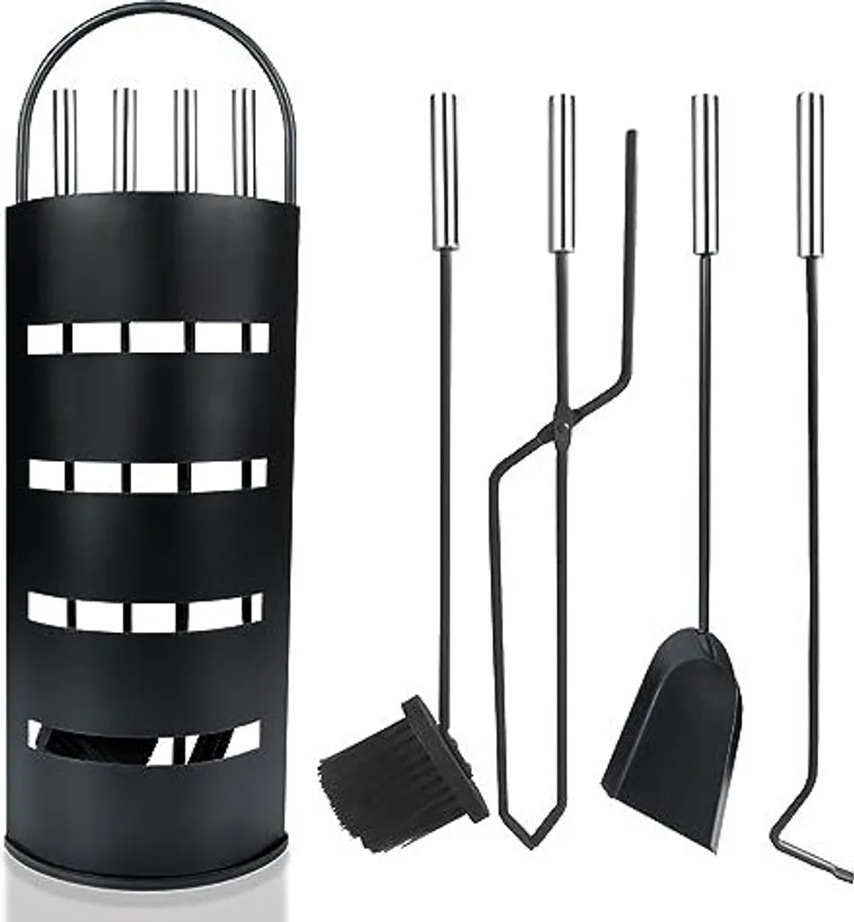 Kit Accessoires de Cheminée Moderne en Inox Noir avec Support et Balai