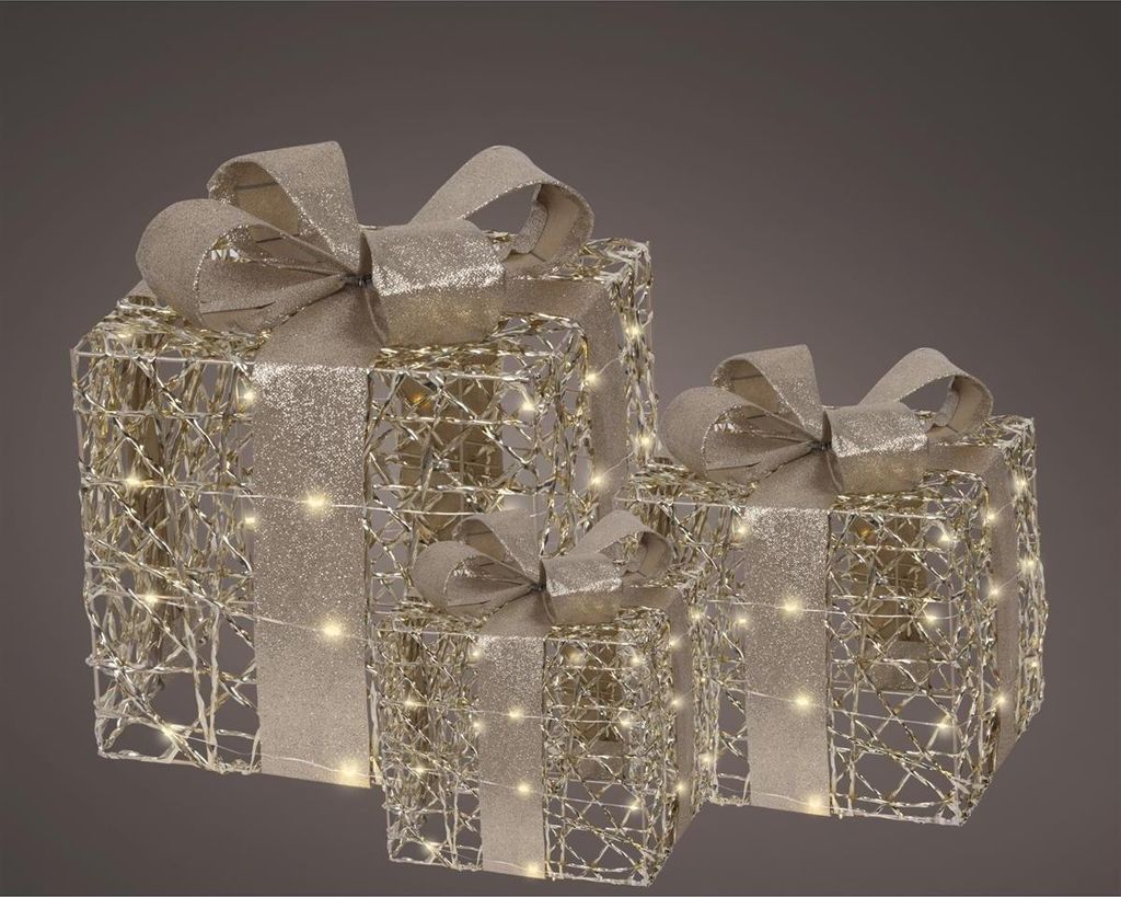 Set mit 3 goldenen LED-Geschenken mit Zeitschaltuhr - warmweißes Licht - für den Innenbereich