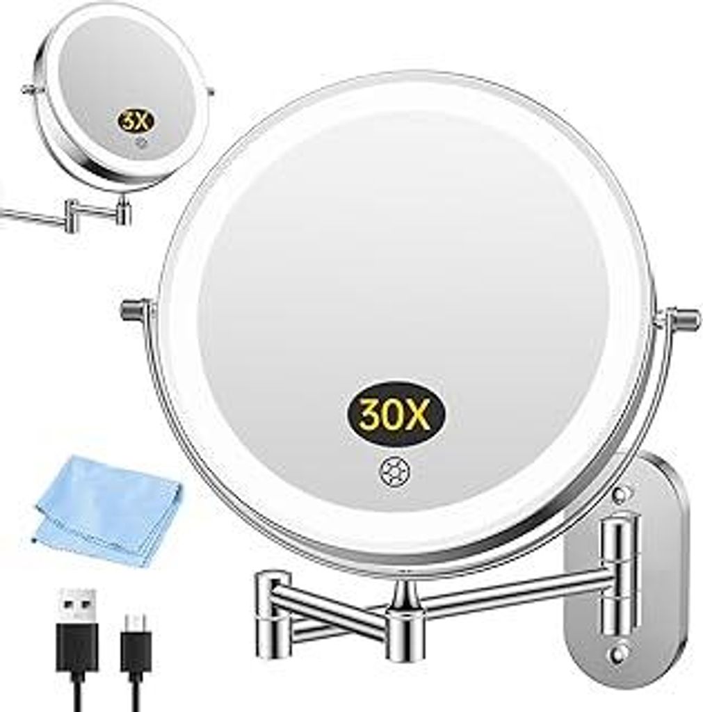 FUNTOUCH Wiederaufladbar Kosmetikspiegel mit Beleuchtetung, 3X 30X Vergrößerung Wandmontage, Dimmbarer Rasierspiegel 3 Farben, Touchscreen, 360°...