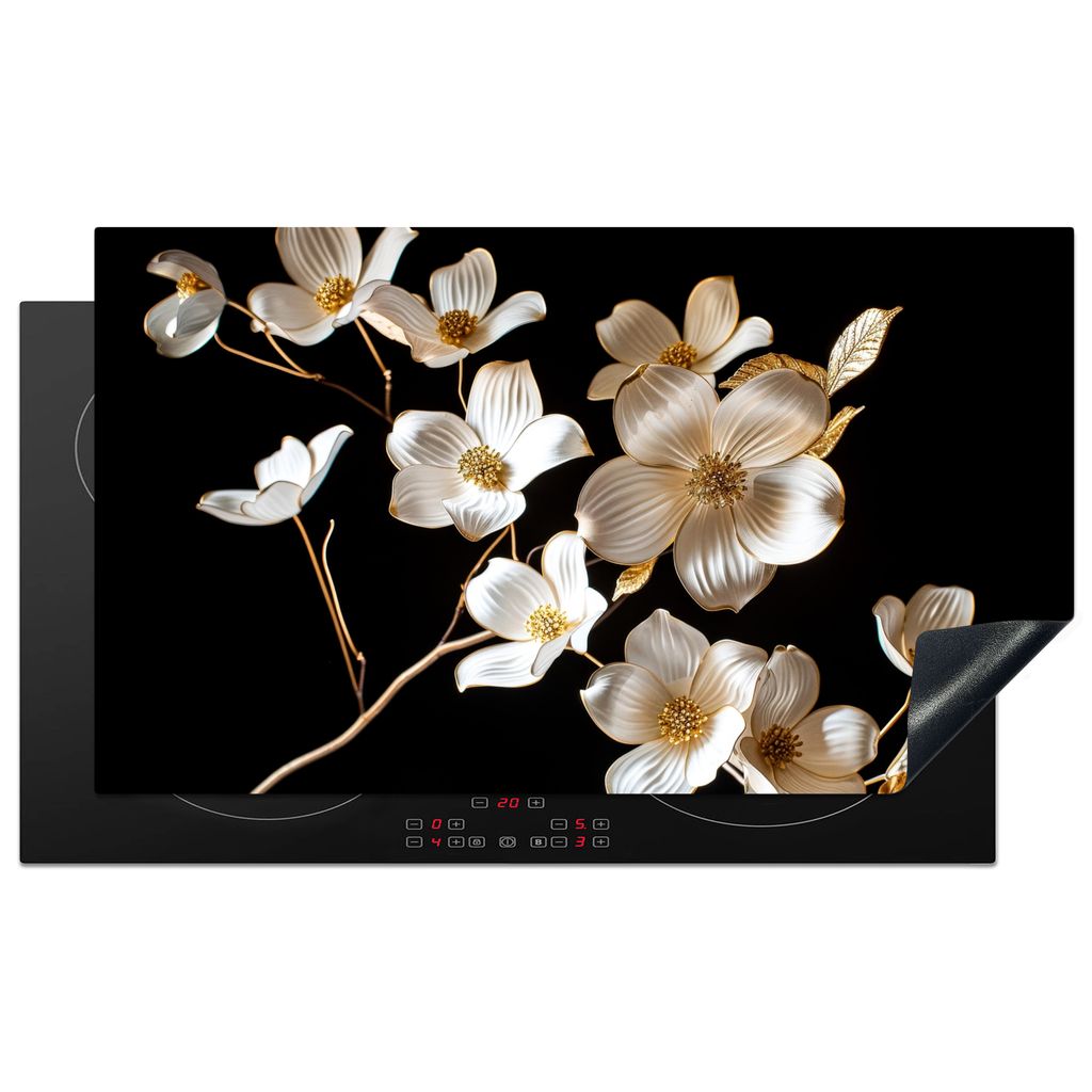 KitchenYeah Herdabdeckplatte Schwarz - Blumen - Weiß , 89x51cm, Küche Deko, Glaskeramikkochfeld Herdabdeckung, Abdeckplatte fùr Kochfeld