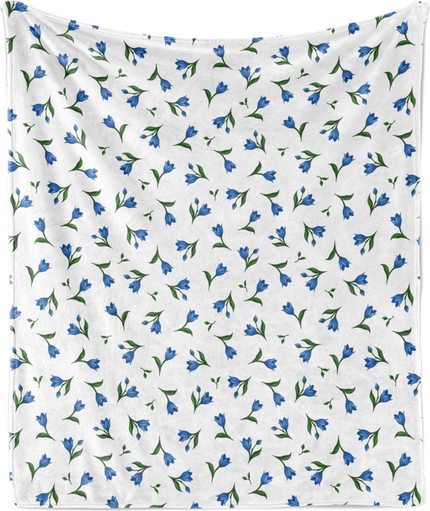 ABAKUHAUS Natürlich Weich Flanell Fleece Decke, Blaue Blumen und Knospen Muster und Blätter mit floralen Ornamenten, 175 x 230 cm, Weiß Blau