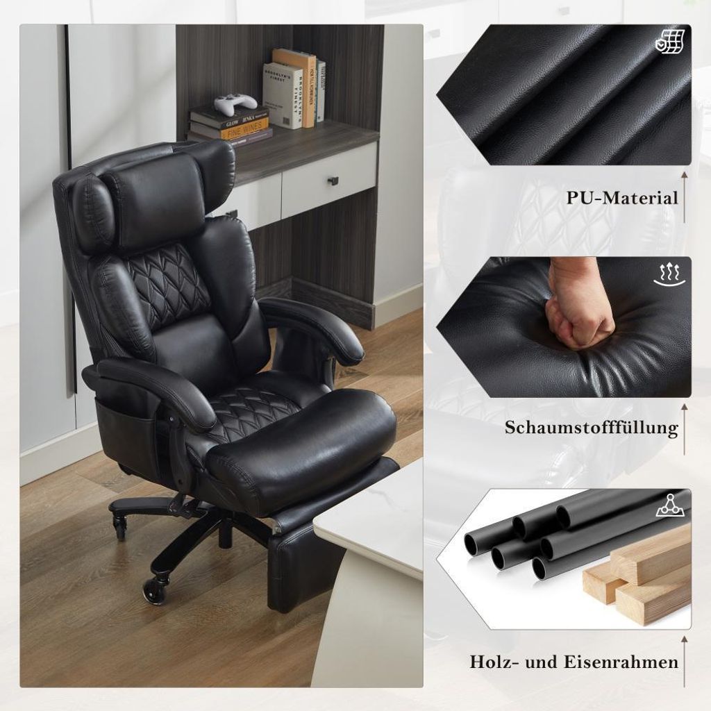 XXL Ergonomischer Bürostuhl mit Massage, Heizung, Kunstleder, Fußstütze, 150kg, Braun