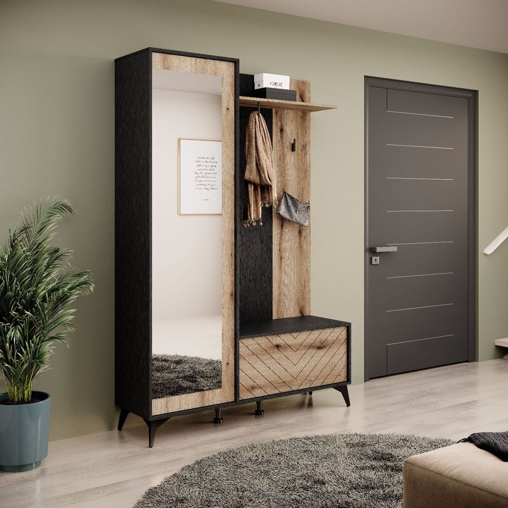 Garderobe-Set DIAMOND mit Spiegiel Schuhschrank Kleiderhänger Schwarz / Evoke Eiche