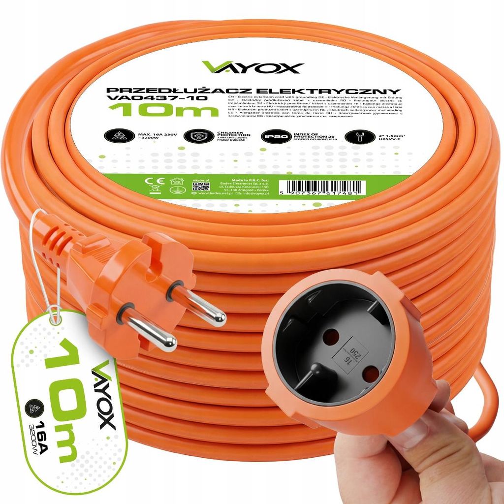 Vayox VA0437 Verlängerungskabel 10 m für Garten IP20 Schuko Produktbild 