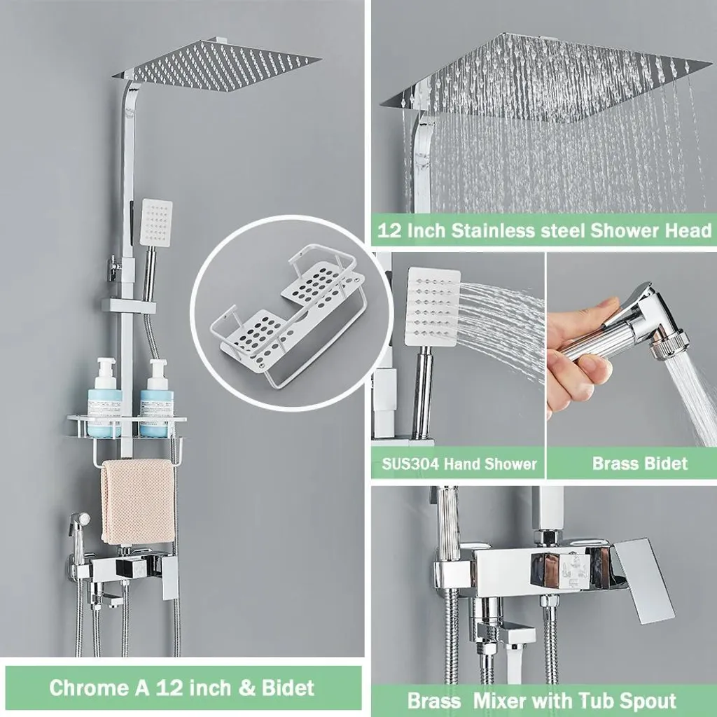 Mitigeur de douche anti-calcaire en inox avec grand ciel de pluie