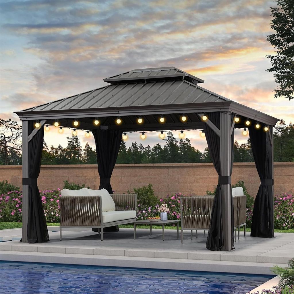 PURPLE LEAF Hardtop Pavillon 3x3.65m wasserdicht winterfest und stabil für den Garten,Hellgrau,mit Beleuchtung