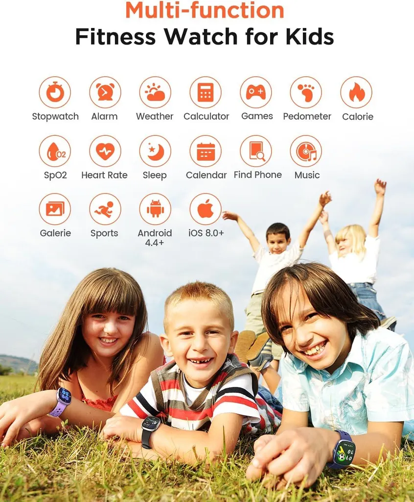 Smartwatch per bambini per ragazzi e ragazze, orologio impermeabile IP68 per attività di fitness per bambini, 20 modalità sportive, pedometro, cardiofrequenzimetro, sveglia, - 8