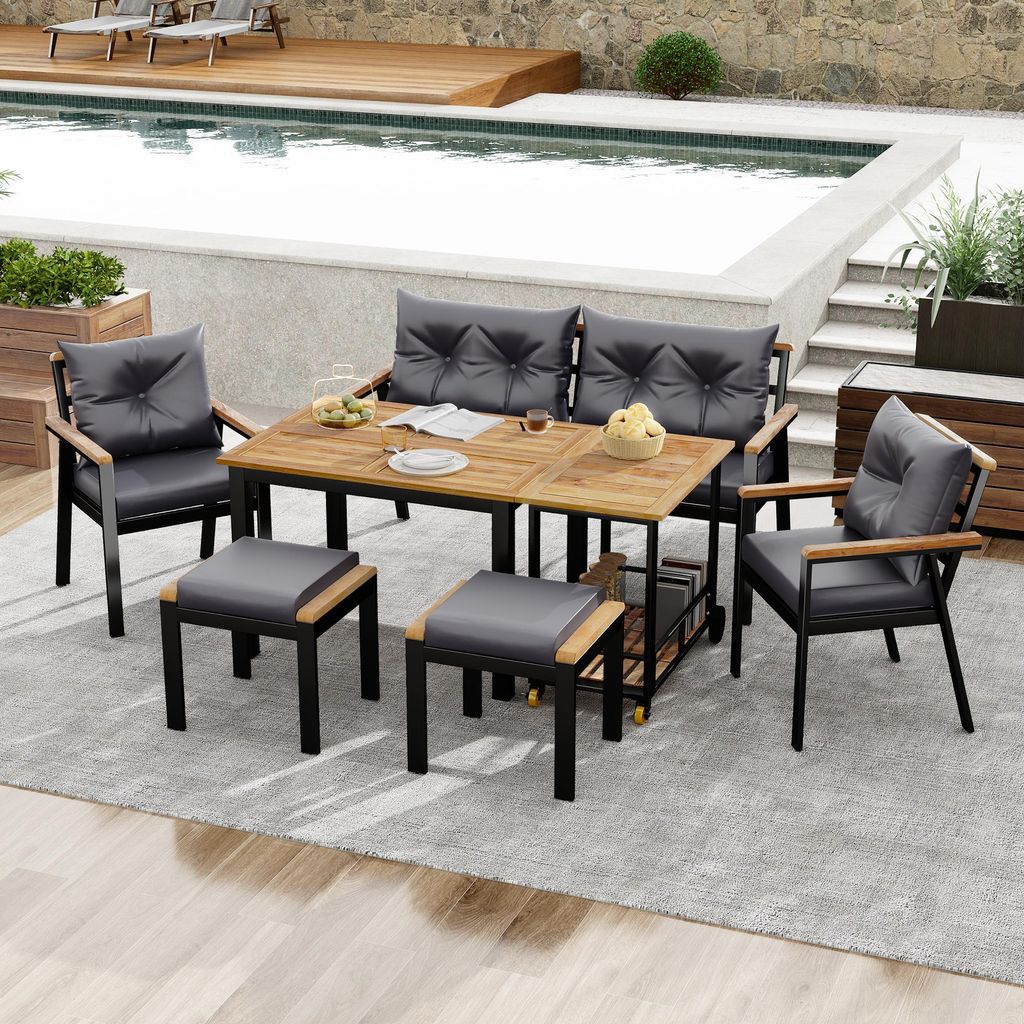 Gartenmöbel Sitzgruppe 7-teilig Akazienholz Lounge-Set für 6-7 Personen Gartengarnitur inkl. Servierwagen & Esstisch wetterfest Schwarz/Beige