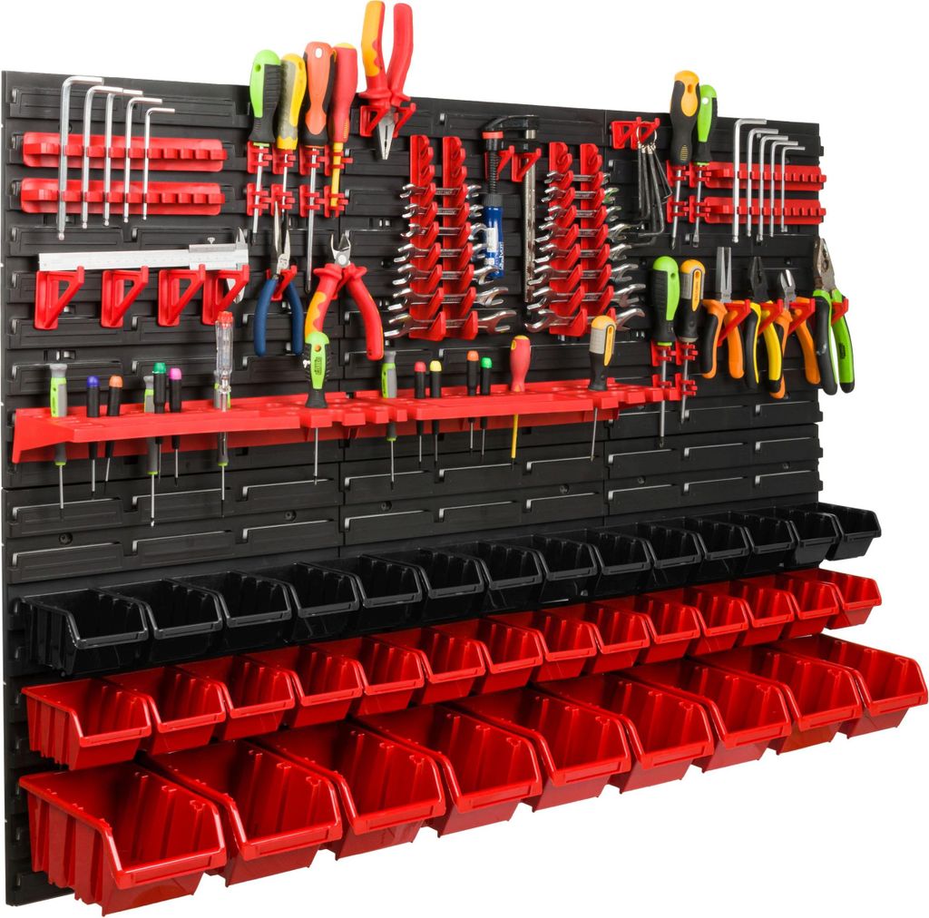 Lagersystem Werkstattregal | 117 x 78 cm | 37 stck. Box | Wandregal mit Werkzeughalterungen und Stapelboxen - Wandplatten Extra Starke Schüttenreg...