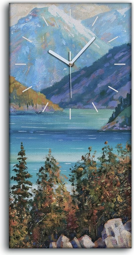 Wandkunst Leinwand Bild Uhr Geräuschlos Kunstdruck 30x60 Gemälde Berge See Wald - weiße Hände