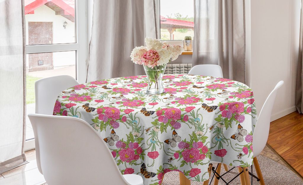 ABAKUHAUS Frühling Runde Tischdecke, Schmetterlinge auf Blumen-Kunst, Kreis Tischdecke Abdeckung für Esszimmer Küche Dekoration, 150 cm, Pastell...