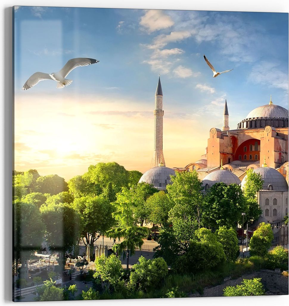 DEQORI Glasbild Echtglas 30x30 cm 'Hagia Sophia am Abend' Wandbild Bild modern Deko