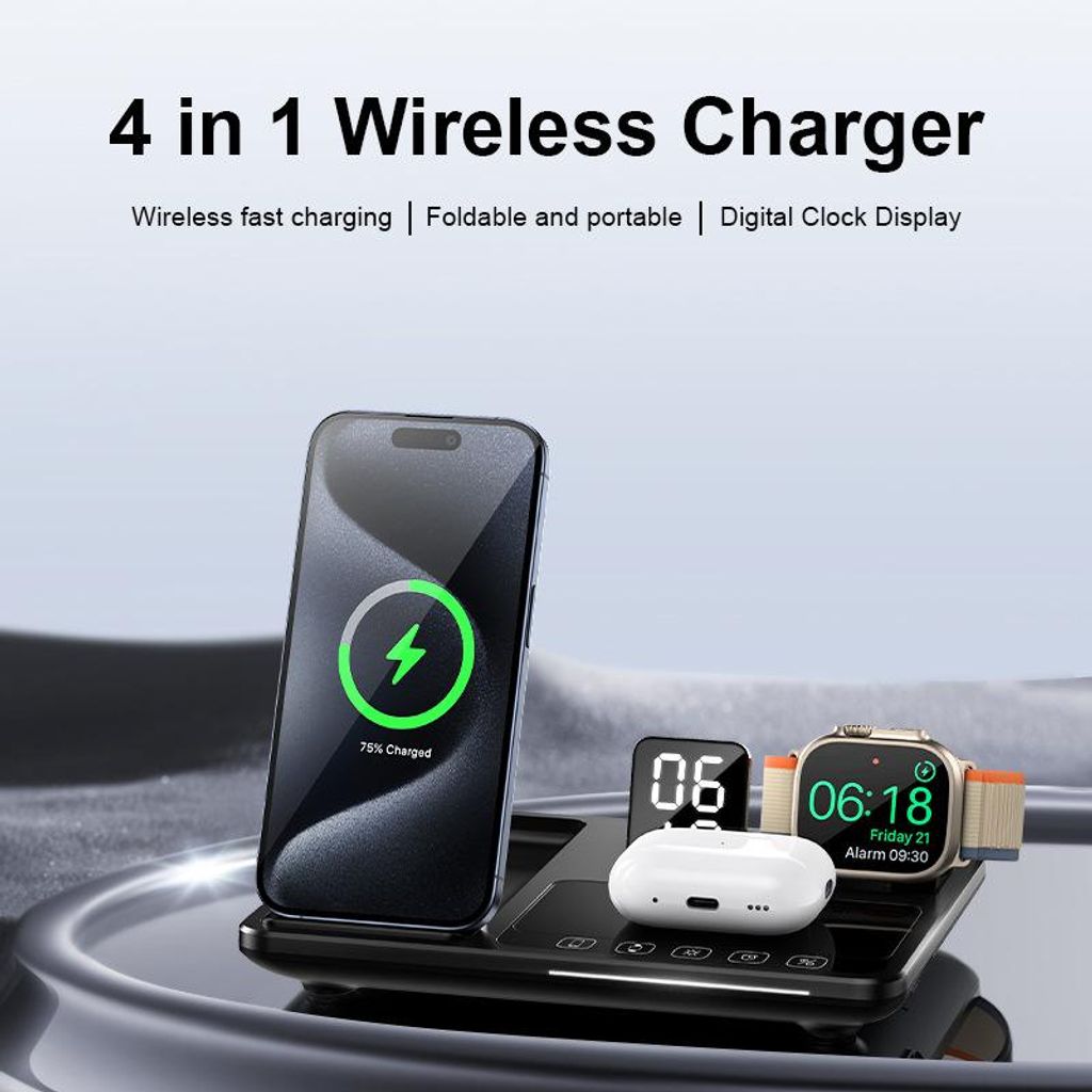 4-in-1-Wireless-Ladeger?t, 15 W Qi-es Schnellinduktionsladeger?t mit Zeitanzeige und Wecker fš¹r iPhone 16 15 14 13 12 Pro Max Apple Watch Airpod...