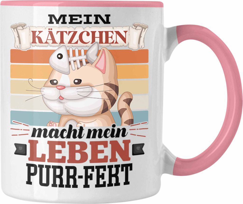 Trendation - Katze Tasse Geschenk Spruch Geschenkidee für Katzen-Mama Papa Katzenliebhaber Mein Kätzen Macht Mein Leben Purr-pekt (Rosa)