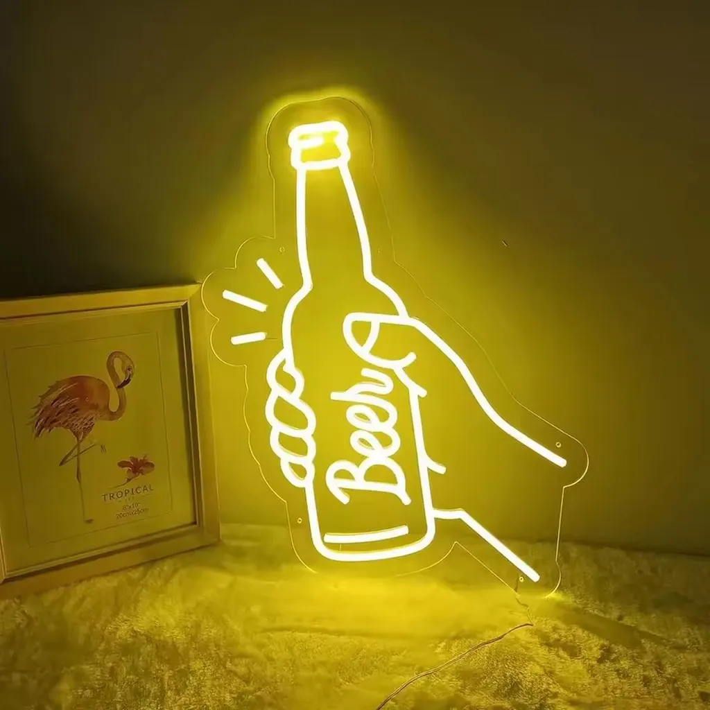 Insegna Neon LED Birra Gialla 43x31cm Applique per Garage e Hobby Room