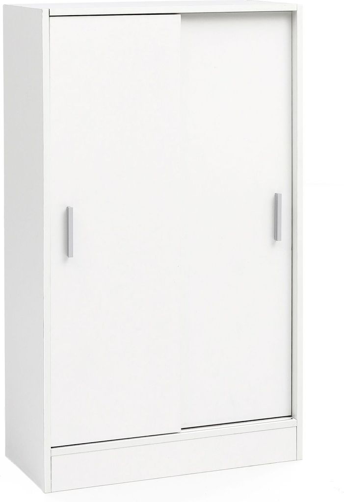 A white wardrobe with sliding doors.