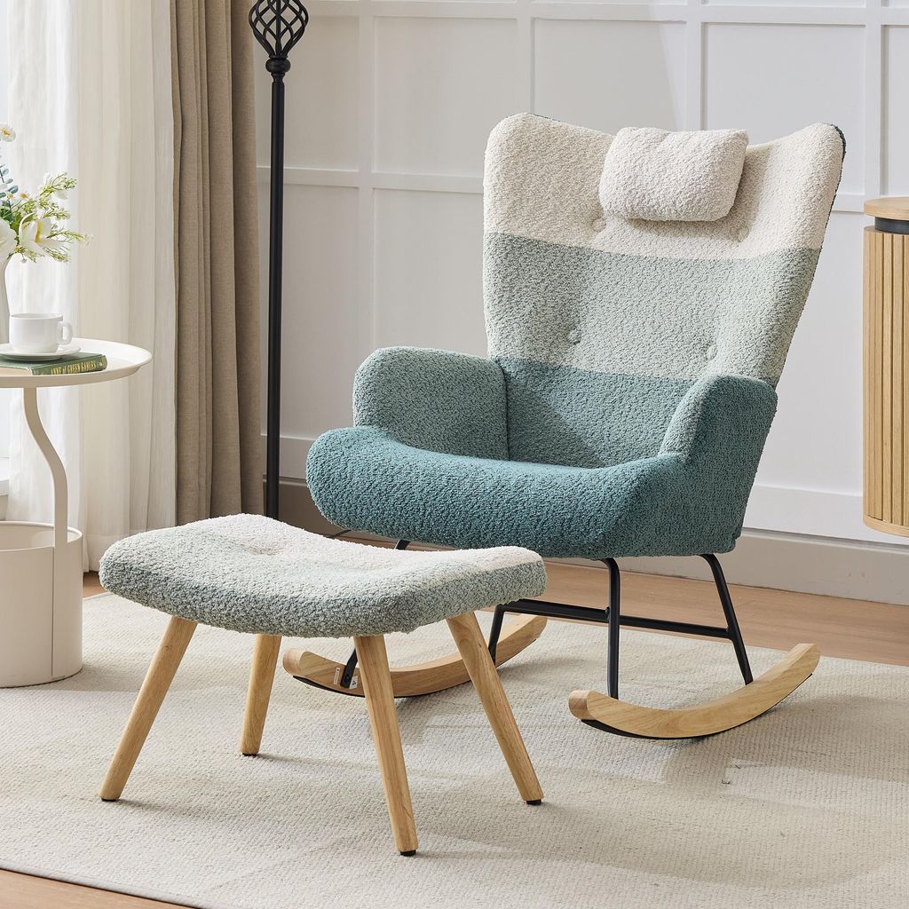 Sillón mecedora Merax con tapicería de bouclé y reposapiés, Imagen del producto 