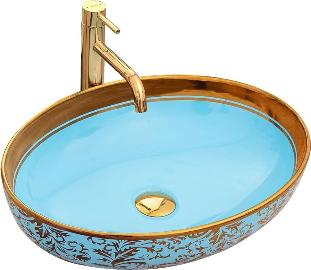 A countertop sink with a gold faucet.