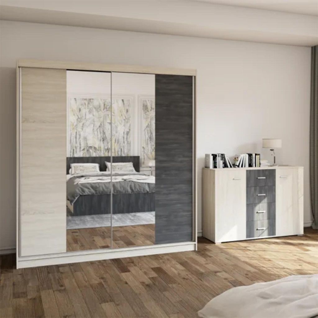 Schwebetürenschrank mit Spiegeln  Sonoma/Schwarze Kiefer
Breite:	203 cm
Höhe: 218 cm	
Tiefe: 61 cm