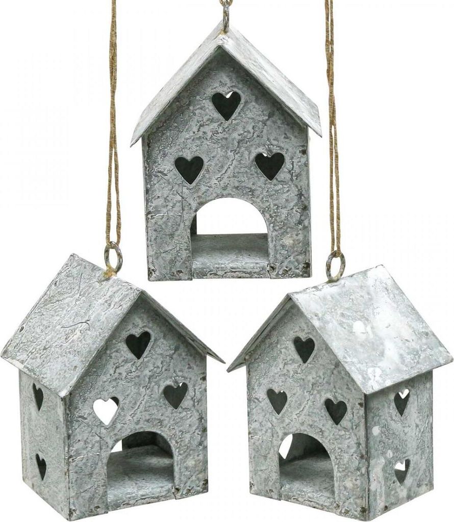 Weihnachtsanhänger Metall Haus Shabby Chic Vintage LED-Effekt Christbaumschmuck 3er-Set, 3 Stück