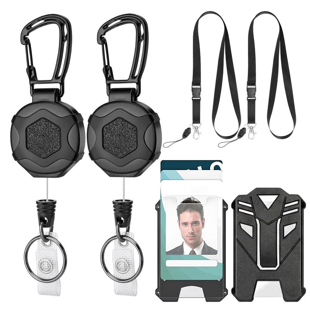 Ausziehbares magnetisches Ausweishalter-Set, 2-teilig – Robuster Karabiner-Schlüsselring mit 80 cm Stahlseil, 2 Ausweishalter und 2 Lanyards fü...