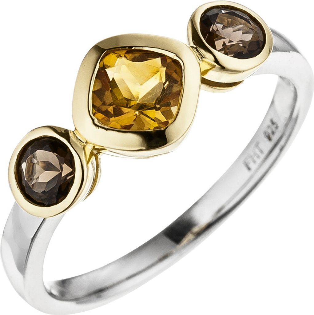 Ring gelber Citrin zwischen Rauchquarzen 925 Silber Gelbgold vergoldet bicolor Innenumfang 62mm Ø19.7mm