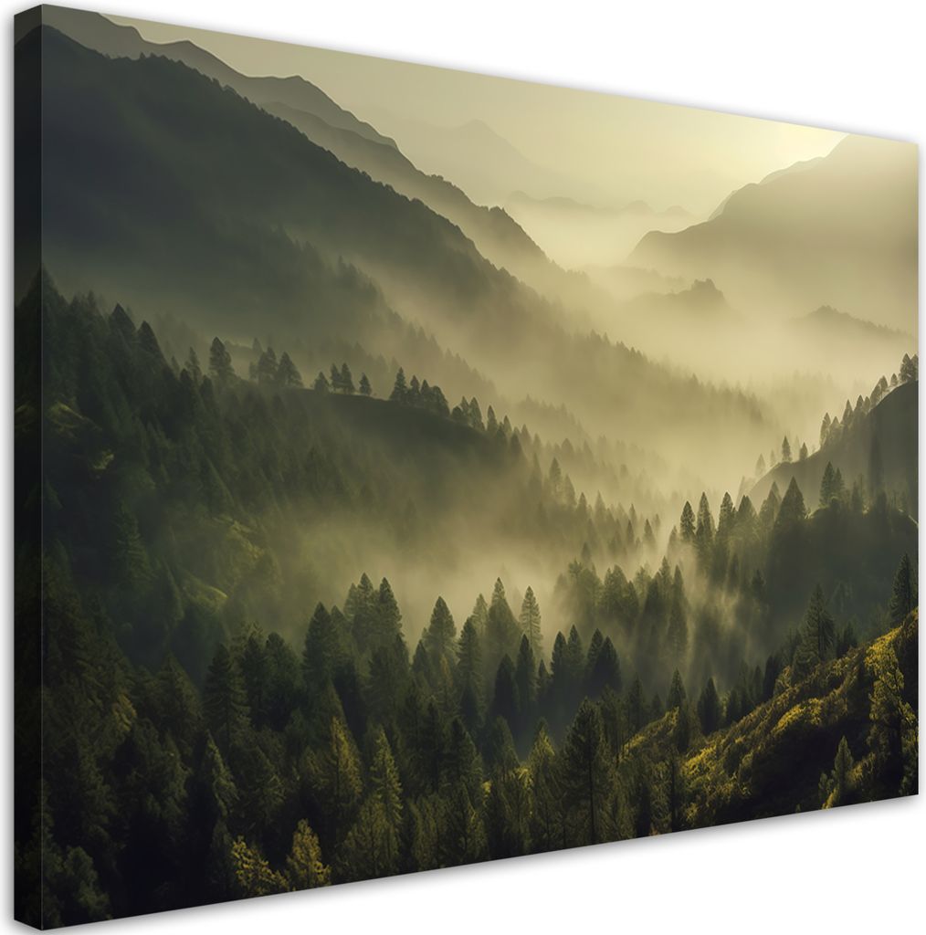 Leinwandbild Neblige Waldlandschaft 120x80 Feeby Grün bild für die wand bereit zum aufhängen