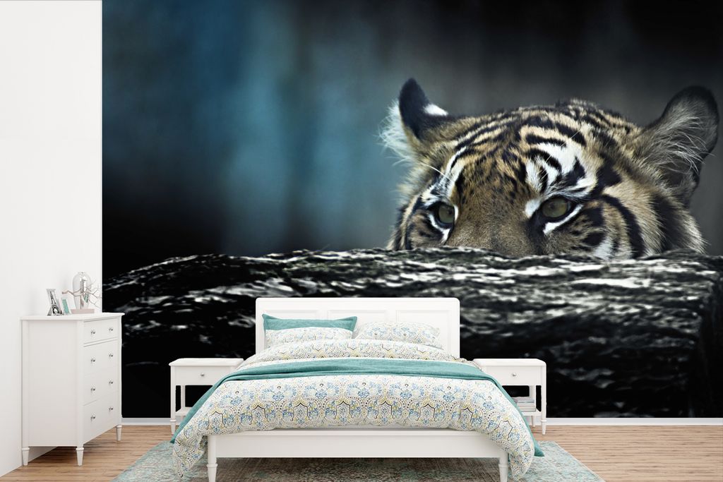 MuchoWow Fototapete für Wohnzimmer oder Schlafzimmer Wandtapete Vinyl Motivtapete Tiger - Rüssel - Tarnfarbe - 450x300 cm - Gemusterte