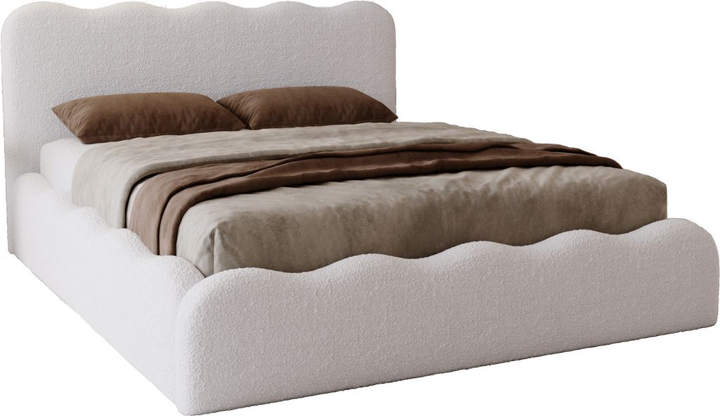 Polsterbett mit Bettkasten 140x200 Wave - Schaumstoff, Lattenrost - Doppelbett 140 x 200 cm, Boucle (Creme - Anthology 1)