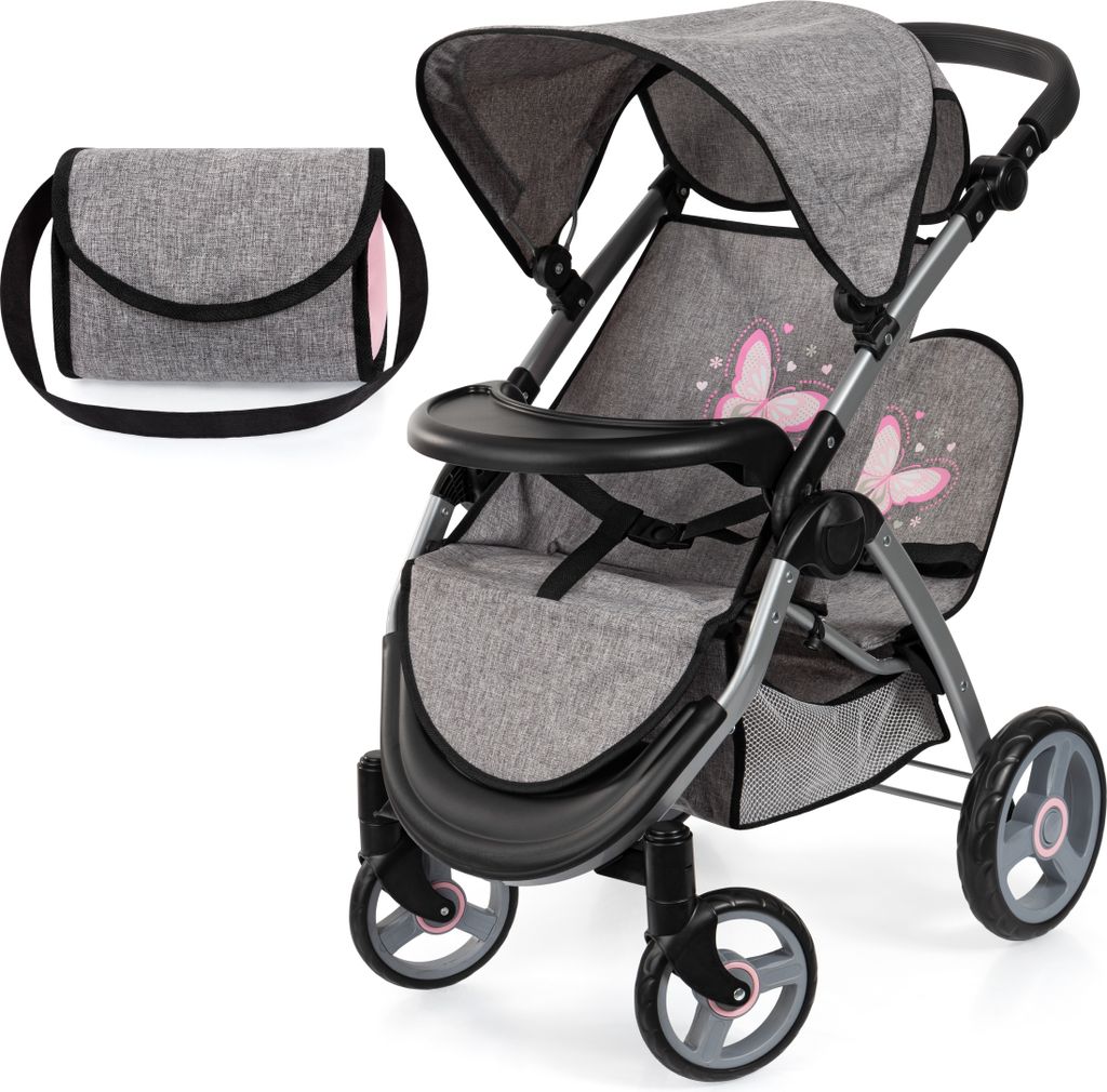 Kinderwagen für Zwillinge grau mit Tasche