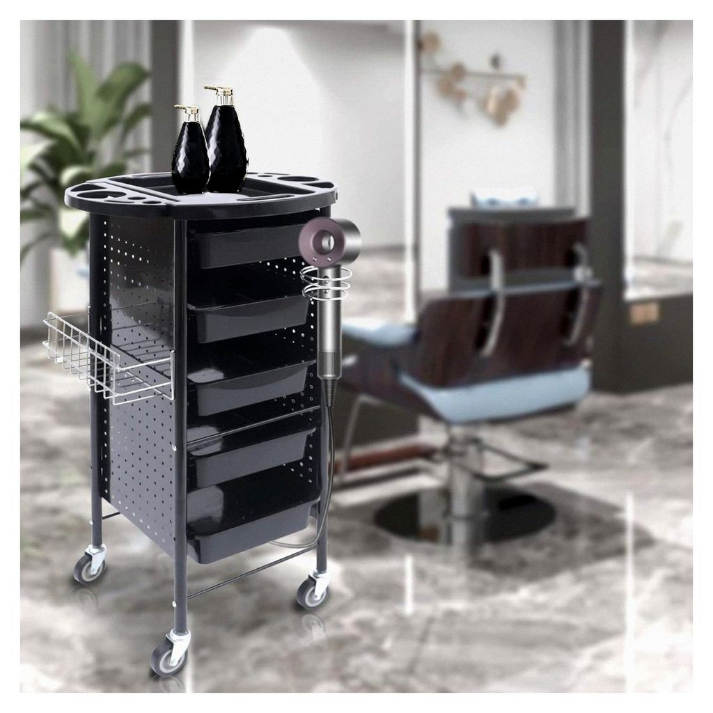 Friseurwagen Arbeitswagen Rollcontainer Trolley Kosmetikwagen Bedienungswagen für Beauty Salons mit Föhnhalter und Körbchen, Schwarz