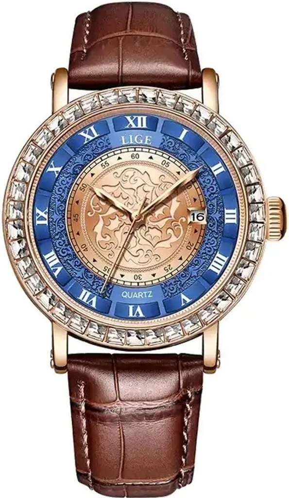 Montre Quartz Homme LIGE Decor - Étanche en Cuir Marron et Acier Doré