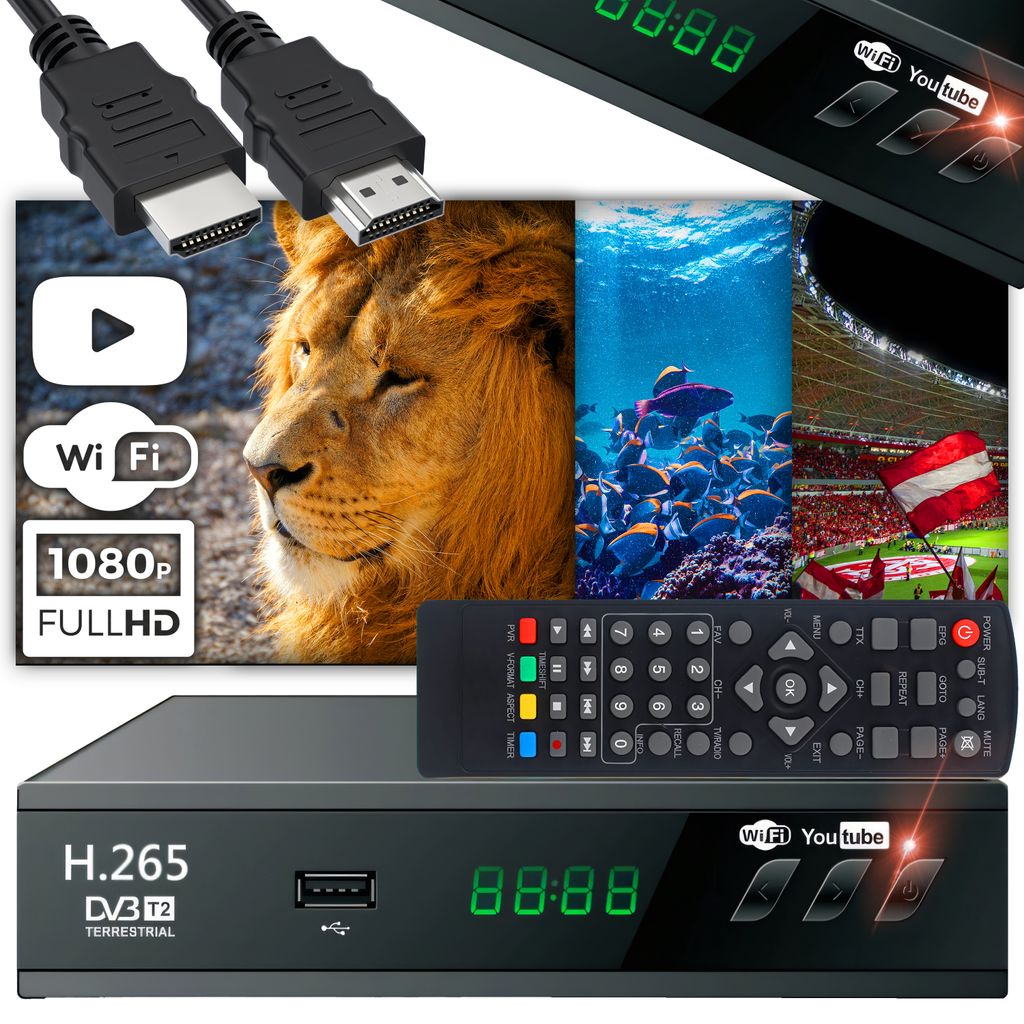 DVB-T2 Receiver mit H.265 HEVC und HDMI Kabel | Timeshift | HD, HDTV, HDMI, USB, PVR Ready, SCART | TV Empfang, Digital TV | Retoo