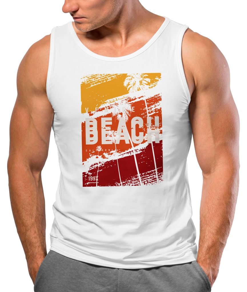 Herren Tank-Top Sommer Venice Beach Surfing Motiv Aufdruck Strand Palmen Fashion Muskelshirt Neverless weiß M