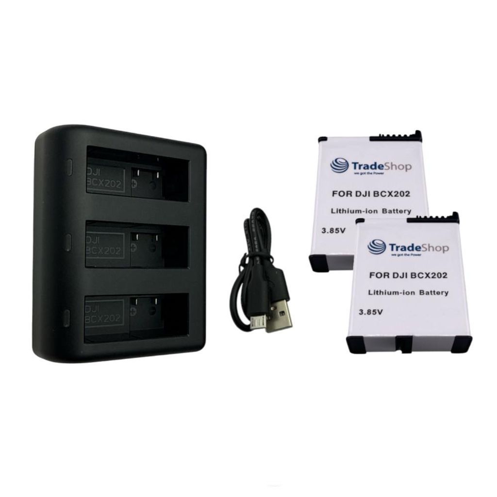 Trade-Shop 3in1 Set: 2x Akku 1800mAh + USB-C LCD Dreifach-Ladegerät kompatibel mit DJI Osmo Action 3 / 4 / 5, BCX202, BCX204 / Action-Kamera Zubehör