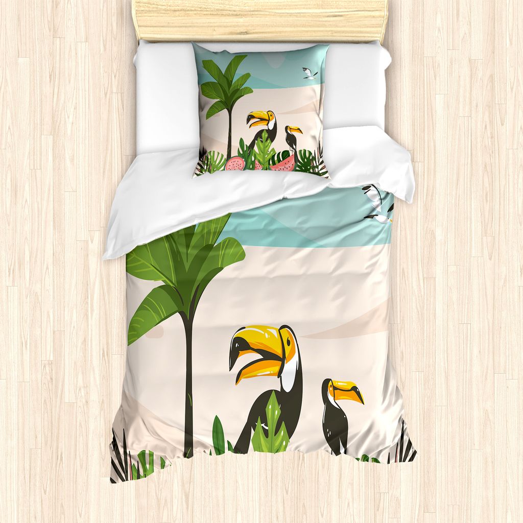 ABAKUHAUS Grafik-Strand Bettbezug Set für Einzelbetten, Wassermelonen Tukane, Milbensicher Allergiker geeignet mit Kissenbezug, 135 cm x 200 cm - ...