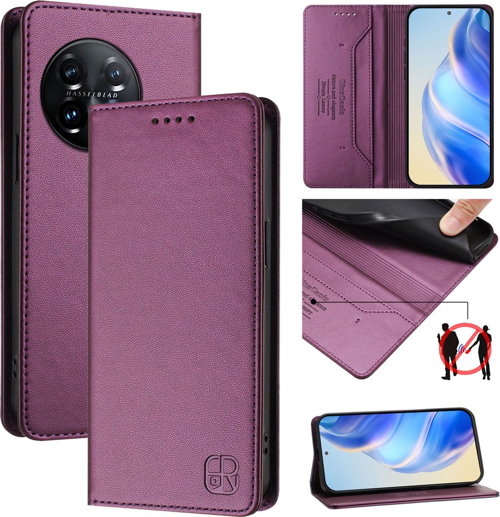 Lederhülle für OnePlus 11 Hülle Flip Brieftasche Kartenfächern Ständer Schutzhülle Lila